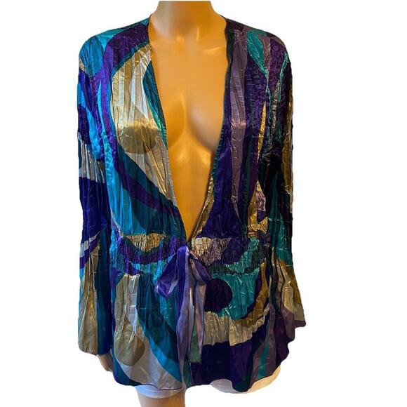 Y2K Women Plus 2X Silky Crinkled Blouse Rockabilly Colorful Tie Front Beach Boho - Picture 1 of 10